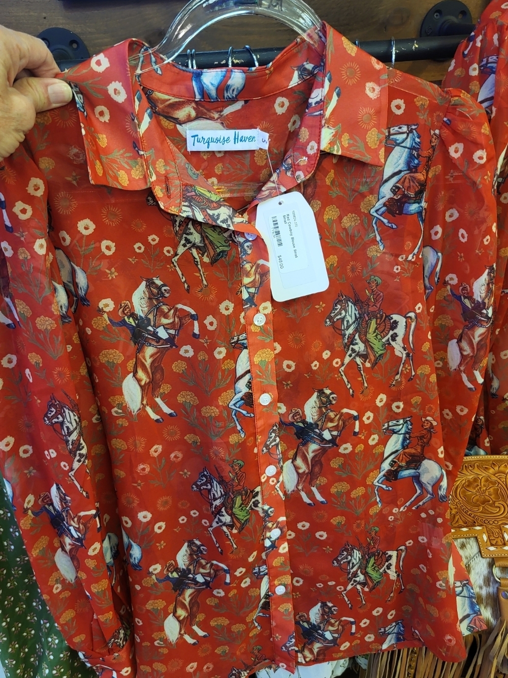 Turquoise Haven Women’s Red Horse-Print Button Front Blouse
